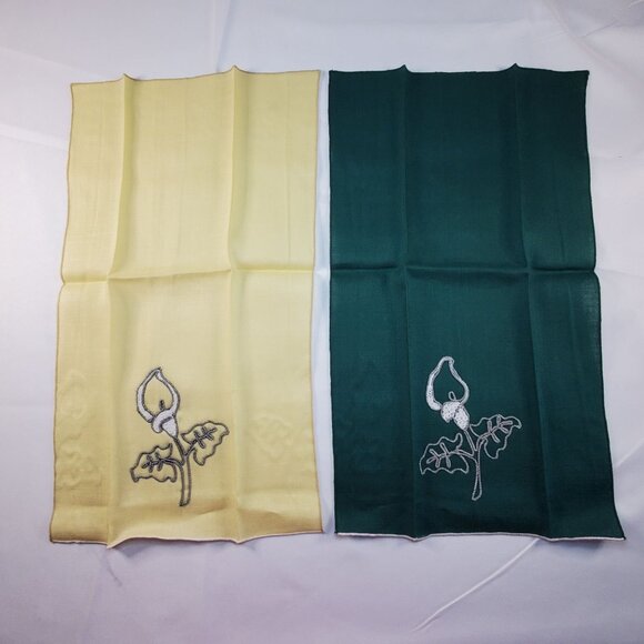 Vintage Calla lily flower Linen Embroidered Tea Towels Yellow & Green Set Of 2 - Picture 9 of 10